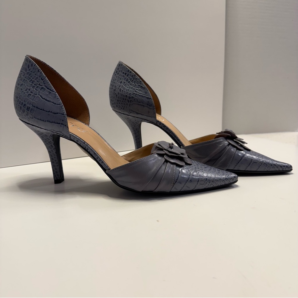 Franco Sarto Croc Embossed D’Orsay Heels Floral Accent Size 8.5 Periwinkle NWOB - Picture 3 of 10